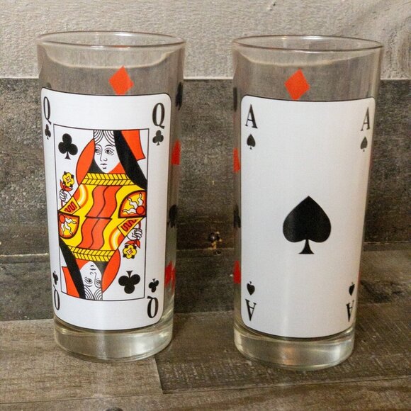 VINTAGE PLAYING CARDS HIGHBALL COCKTAIL GLASSES SPADES QUEEN ACE CLUBS SET OF 2 - Picture 1 of 8